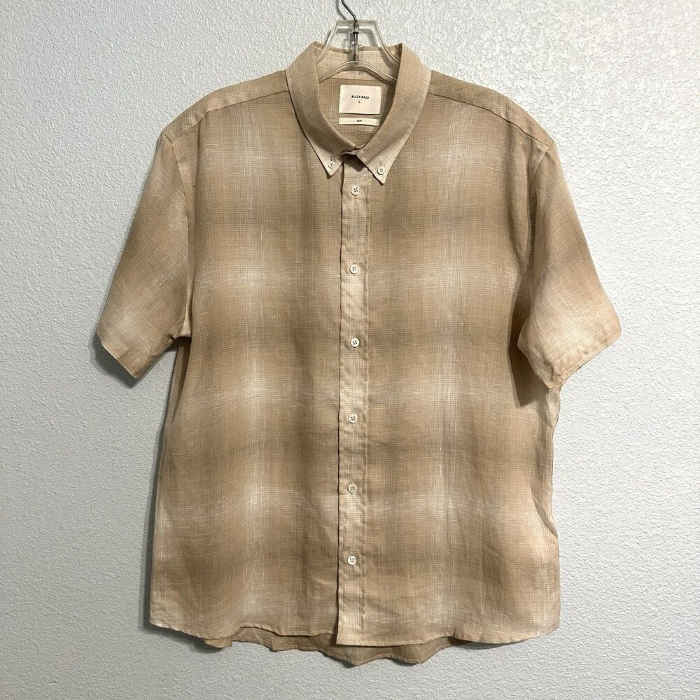 Billy Reid Shirt Mens Large Beige Brown Plaid Linen Button Down Short Sleeve